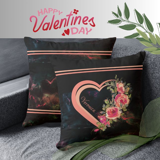 Pink Heart with Roses  Throw Pillow (Pink Heart with Roses Throw Pillow)
