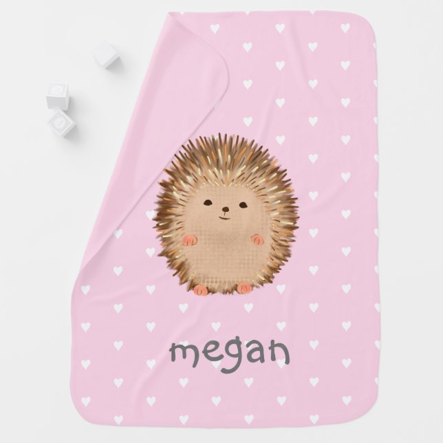 Pink Heart Woodland Animal Hedgehog Baby Blanket (In Situ)
