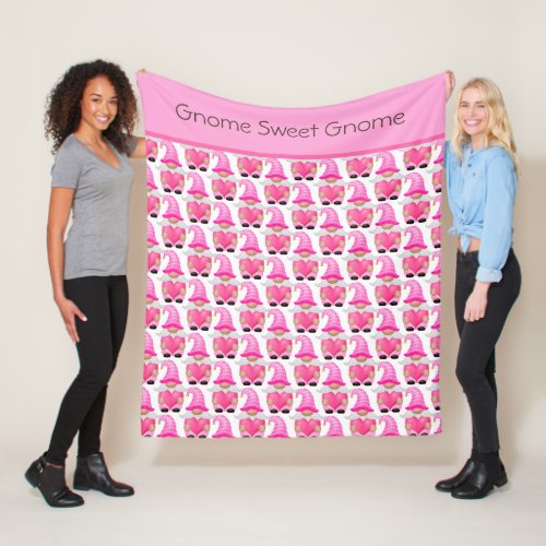 Pink Heart Woodland Gnomes Love Valentines Day Fleece Blanket