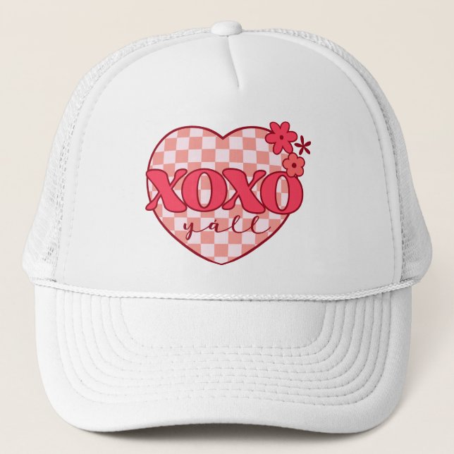 Pink Heart Xoxo Hugs and Kisses Trucker Hat (Front)