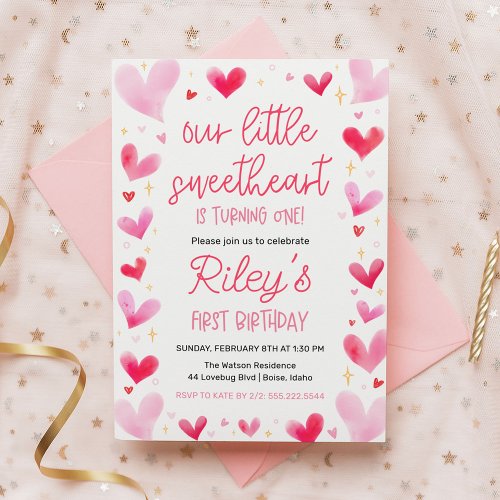 Pink Hearts 1st Birthday Our Little Sweetheart Invitation