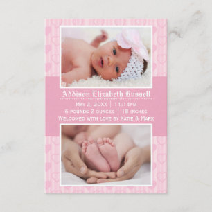 Pink Hearts 2 Photos - 3x5 Birth Announcement