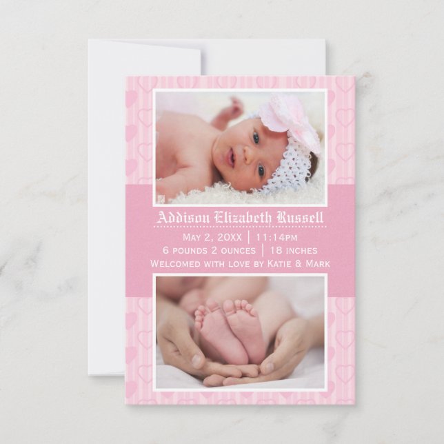Pink Hearts 2 Photos - 3x5 Birth Announcement (Front)