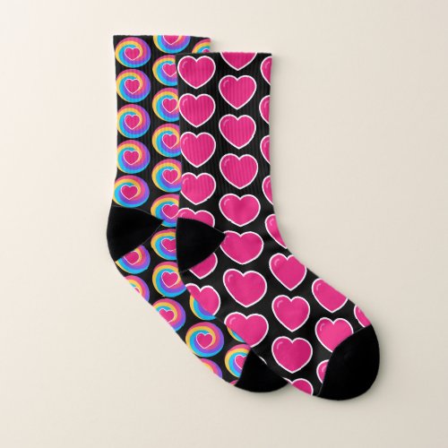 Pink Hearts a Rainbow Swirl on Mismatched Socks