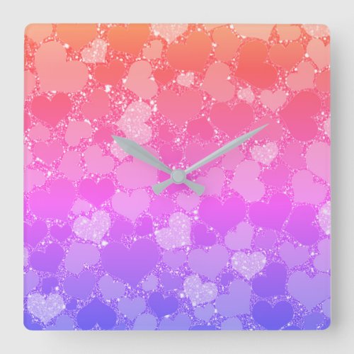 Pink Hearts Abstract Gold Glitter Patterns Ombre Square Wall Clock