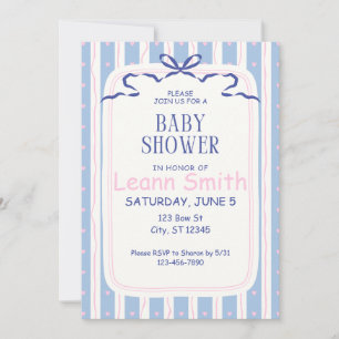 Pink hearts and Blue Bows Baby Shower Invitation