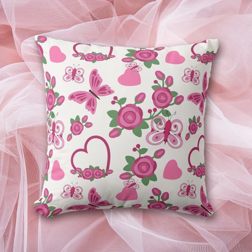 Pink Hearts and Butterflies Throw Pillow