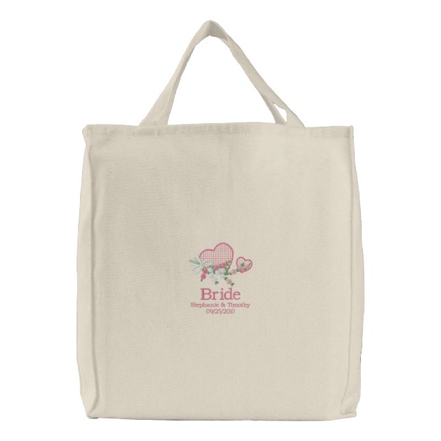 Pink hearts and flowers bride embroidered bag (Front)