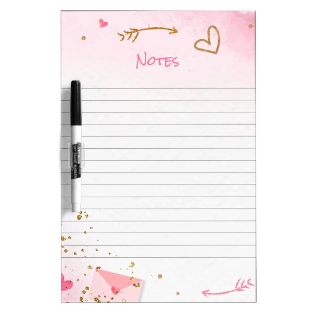 Pink Hearts and Gold Glitter Lined Notes Dry Erase Board (Front)