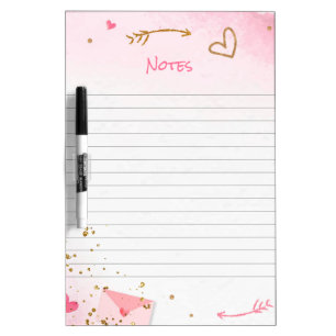 Pink Hearts and Gold Glitter Lined Notes Dry Erase Dry Erase Board