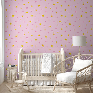 Pink Hearts and Golden Yellow Stars on Light Pink Wallpaper
