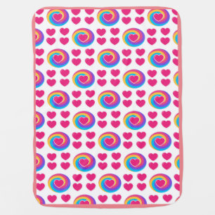 Pink Hearts and Rainbow Swirls on White Background Baby Blanket