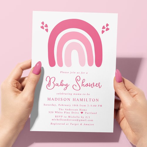 Pink Hearts and Rainbows Baby Shower Invitation