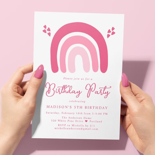 Pink Hearts and Rainbows Birthday Party Invitation