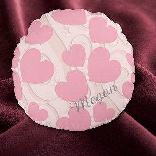 Pink Hearts and Ribbon Personalized Valentine Round Pillow