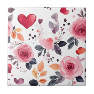Pink Hearts and Roses Ceramic Tile
