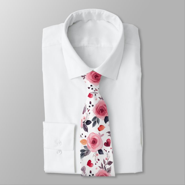 Pink Hearts And Roses  Neck Tie (Tied)