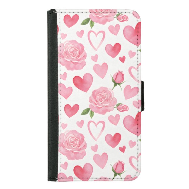 Pink Hearts and Roses Samsung Galaxy Wallet Case (Front)
