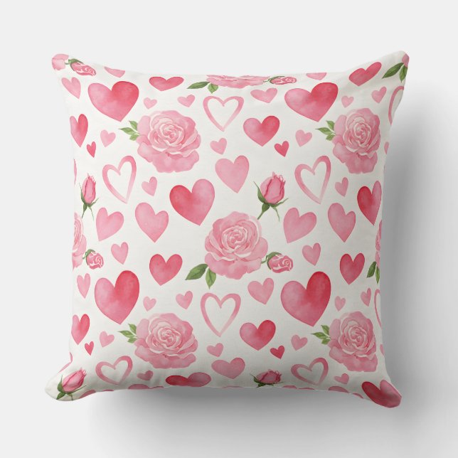 Pink Hearts and Roses Throw Pillow (Front)