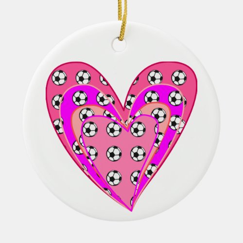 Pink Hearts And Soccer Balls Pattern Ceramic Ornament