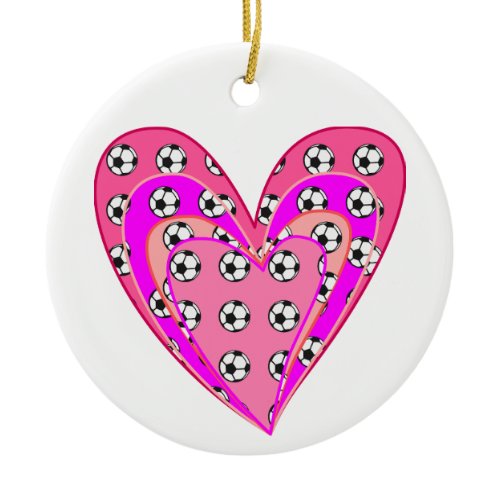 Pink Hearts And Soccer Balls Pattern Ceramic Ornament