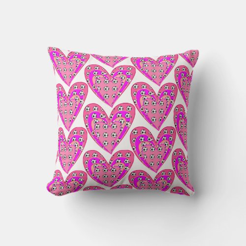 Pink Hearts And Soccer Balls Pattern Throw Pillow