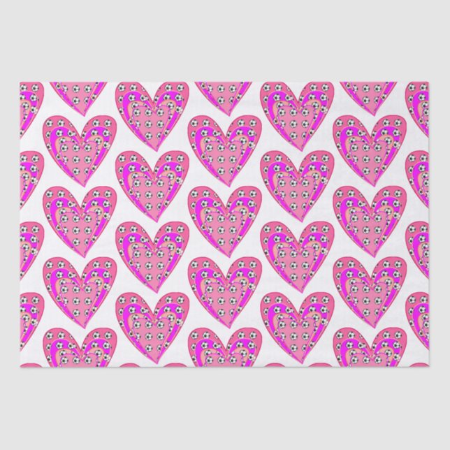 Pink Hearts And Soccer Balls Pattern Tissue Paper (Front)