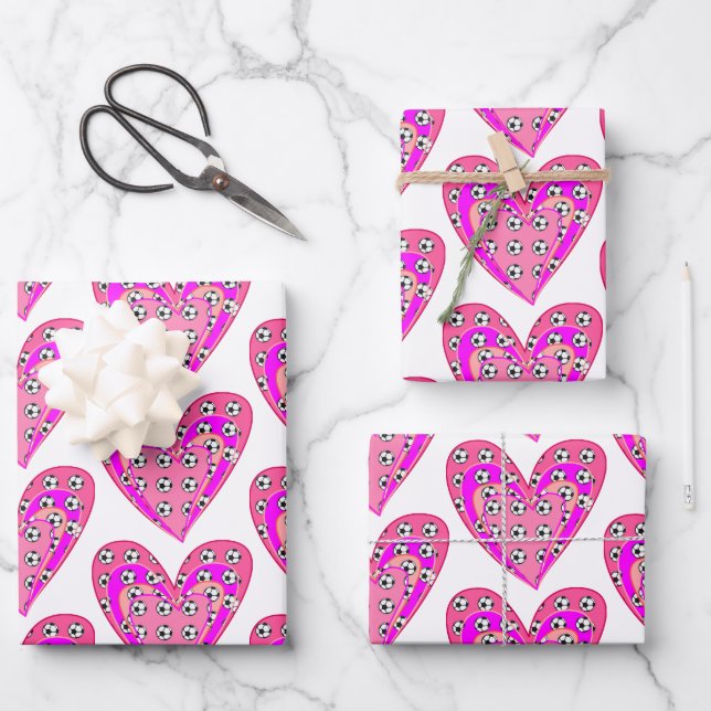 Pink Hearts And Soccer Balls Pattern Wrapping Paper Sheets (Front)