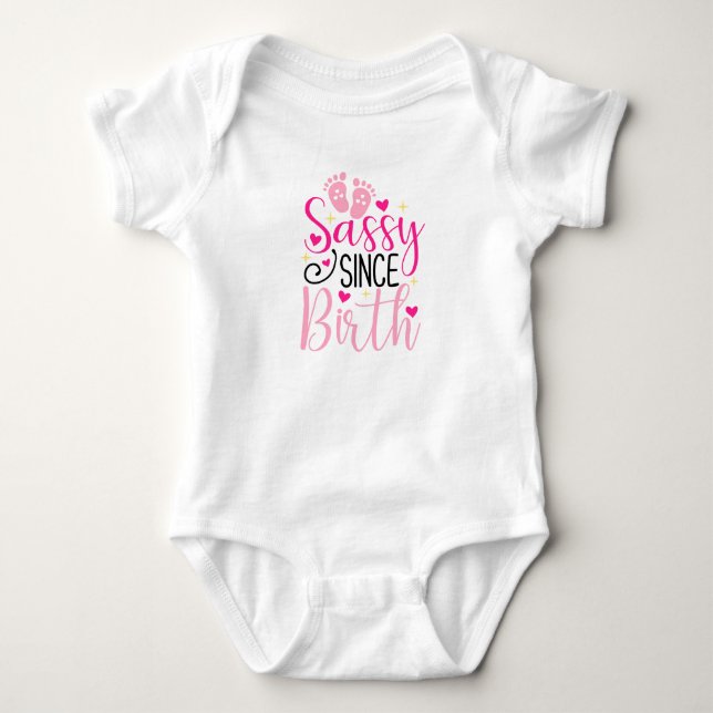 Pink Hearts Baby Footprints Sassy Since Birth Baby Bodysuit (Front)