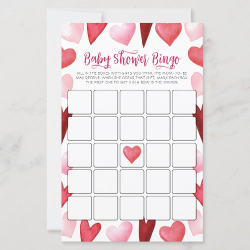 Pink Hearts Baby Shower Bingo Game Card