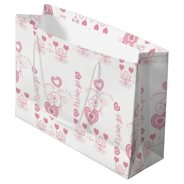 Pink Hearts Baby Shower Large Gift Bag (Front Angled)