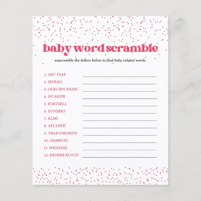 Pink Hearts Baby Shower Word Scramble Game Flyer (Front)