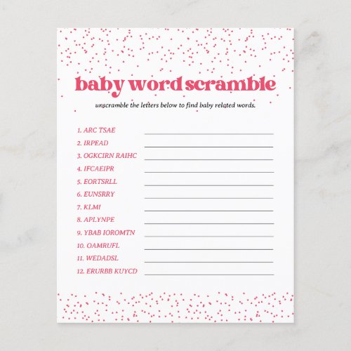 Pink Hearts Baby Shower Word Scramble Game Flyer