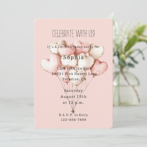 Pink Hearts Balloons Birthday   Invitation