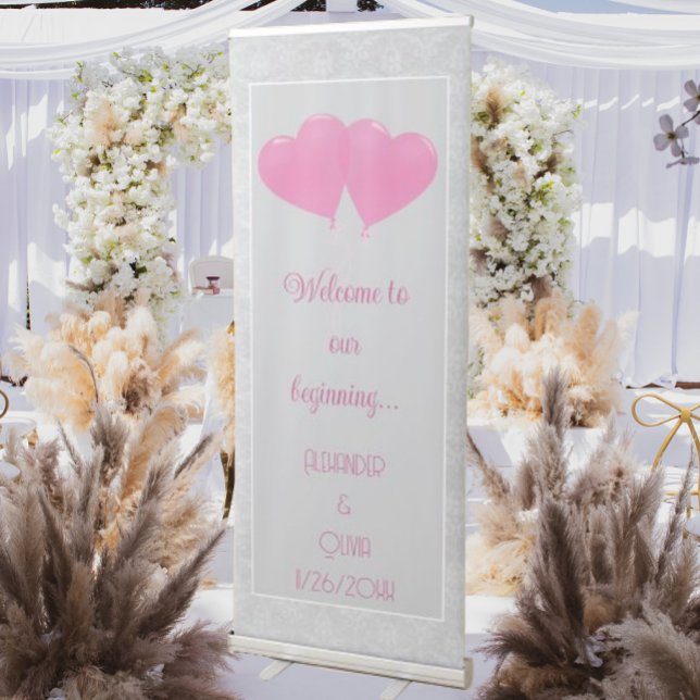 Pink Hearts Balloons Wedding Retractable Banner (Pink Heart Balloons Wedding Welcome Banner)