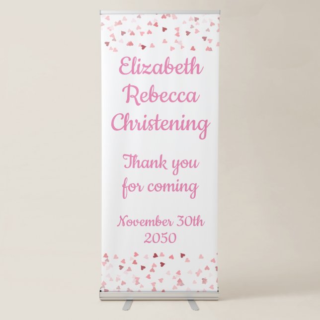 Pink Hearts Baptism Christening Retractable Banner (Front)