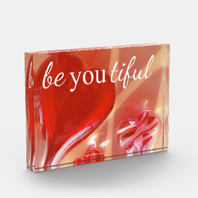 Pink Hearts 'be YOU tiful' Acrylic Block (Left)