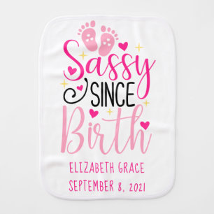 Pink Hearts Birth Stats Sassy Since Birth Cute Baby Burp Cloth