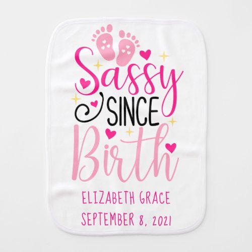 Pink Hearts Birth Stats Sassy Since Birth Cute  Baby Burp Cloth
