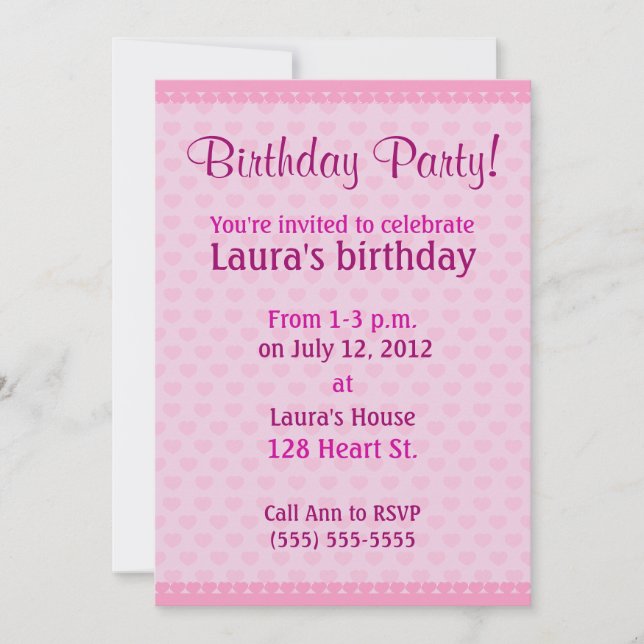 Pink Hearts Birthday Party Invitation (Front)