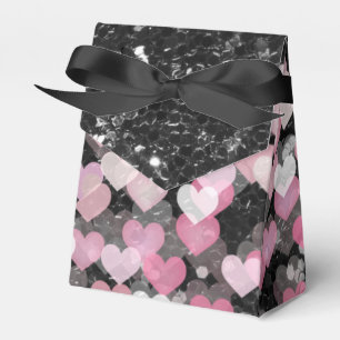 Pink Hearts Black Faux Glitter Black Bow Favor Boxes