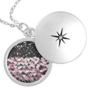 Pink Hearts Black Faux Glitter Silver Plated Necklace