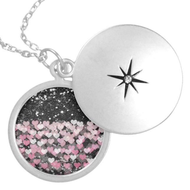 Pink Hearts Black Faux Glitter Silver Plated Necklace (Front)