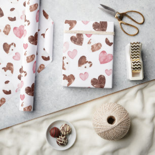 Pink Hearts Brown Cocoa Cow Print Birthday Wrapping Paper