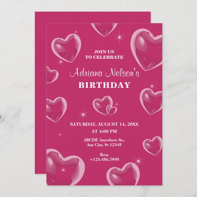 Pink Hearts bubble birthday Invitation (Front/Back)