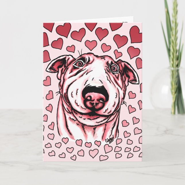 Pink Hearts Bull Terrier Valentine's Day Holiday Card (Front)