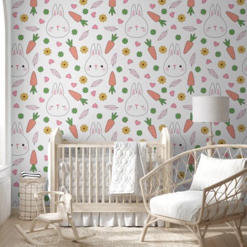 Pink Hearts Bunnies Carrots Girl Nursery Pattern Wallpaper