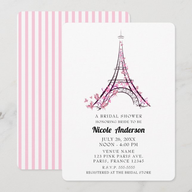 Pink Hearts Butterflies Paris Eiffel Tower Bridal Invitation (Front/Back)