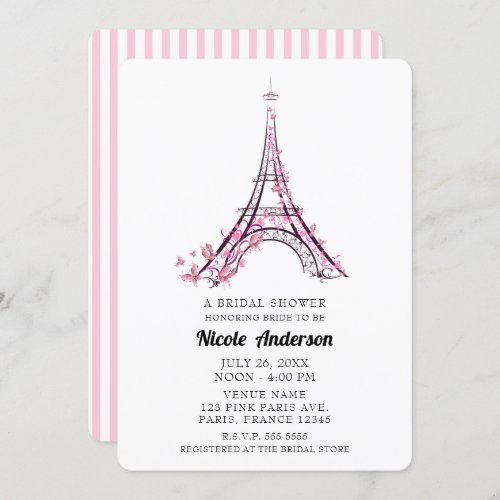 Pink Hearts Butterflies Paris Eiffel Tower Bridal Invitation