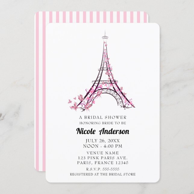 Pink Hearts Butterflies Paris Eiffel Tower Bridal Invitation (Front/Back)
